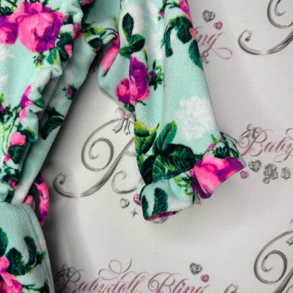 Betsy Johnson robe ruffle frilly trim floral neon blue green purple pink tie up - Picture 8 of 10